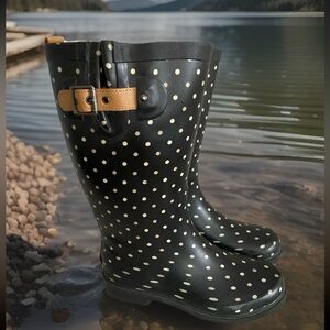 Chooka Women’s Black Rain Boots White Polka Dots Waterproof Tall Wellies Size 7
